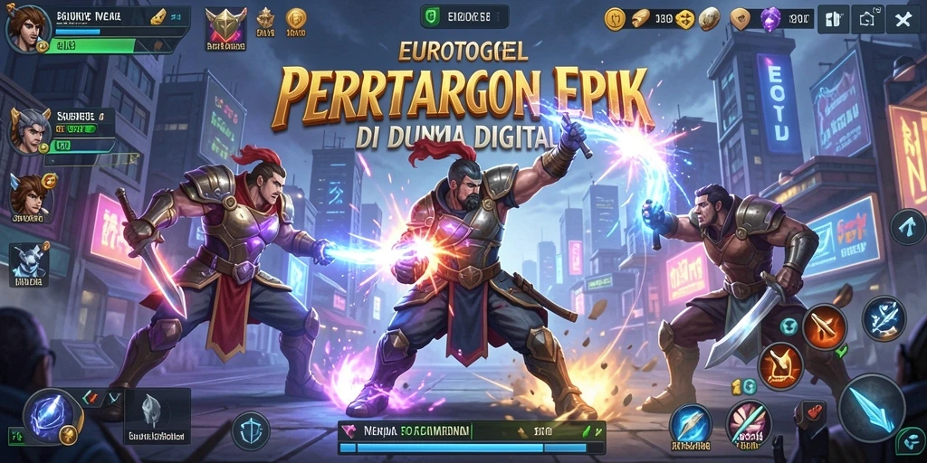 Screenshot utama EUROTOGEL menampilkan pertarungan seru dan karakter yang beragam.