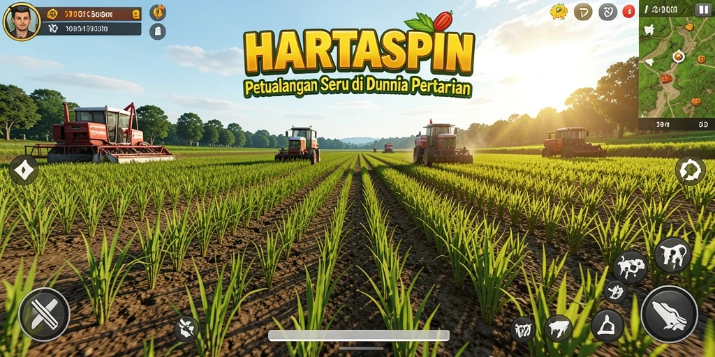 Tampilan gameplay HARTASPIN yang memukau dengan aktivitas bertani.