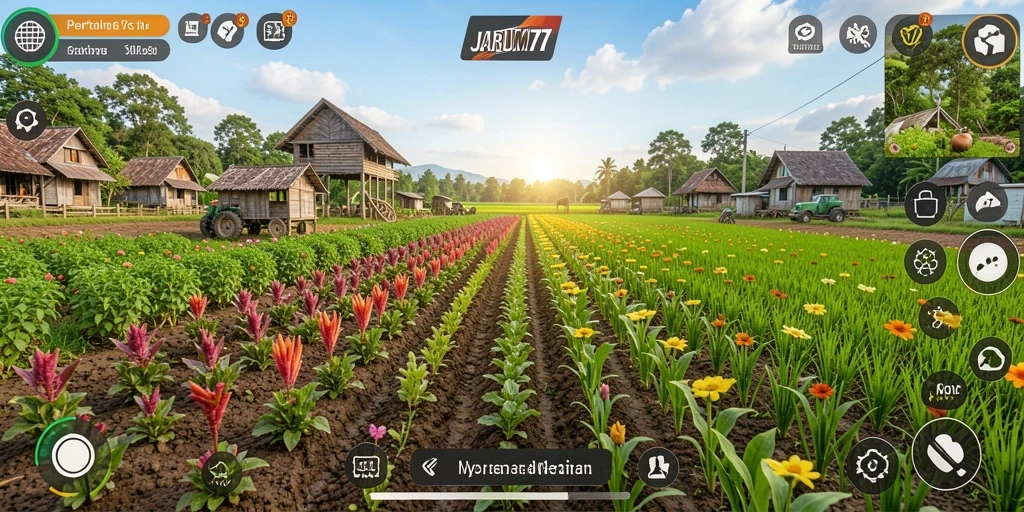 Tampilan permainan JARUM77 dengan lahan pertanian yang subur.