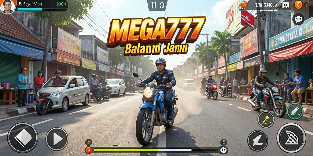 Screenshot utama MEGA777 menampilkan momen balapan seru di trek.